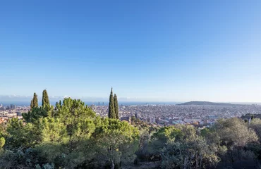 Fotobehang View of the city of Barcelona from the mountain on a sunny day. Urban landscape. Blue sky over the city. © Sergei