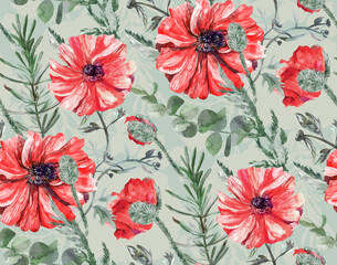 Seamless botanical pattern with red poppies and botanical silhouettes on a green background for textile and surface design