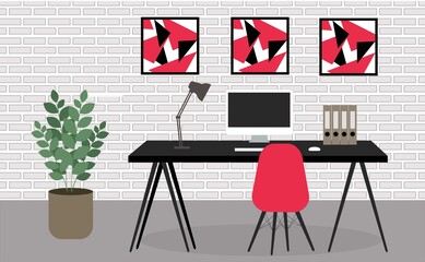 Modern red and gray minimalist interior. Flat office workplace with desk and computer design template.