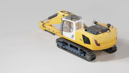 Obraz premium Yellow excavator on a light background. 3d render, 3d illustration. Concept of digging into the ground with an excavator. Heavy construction machinery.