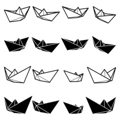 Set of vector illustrations of paper boat icons. Outline simple and silhouette craft paper boat isolated on white background. Icon symbol of travel and sea.