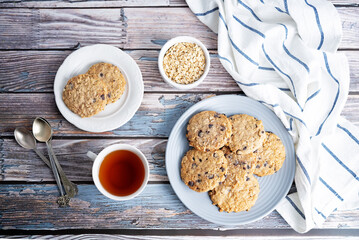 Fresh sweet healthy oatmeal cookies with chocolate drops