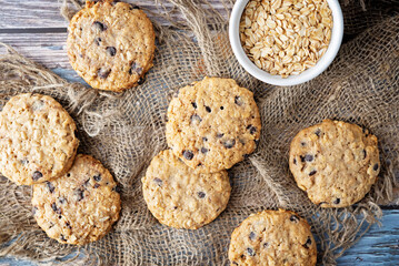 Fresh sweet healthy oatmeal cookies with chocolate drops