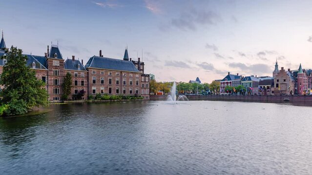 Day to Night Time Lapse from Den Haag with clouds and Binnenhof at sunset, Zuid-Holland, The Netherlands