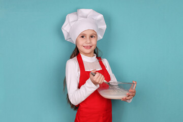 chef girl kneading dough isolated on blue background