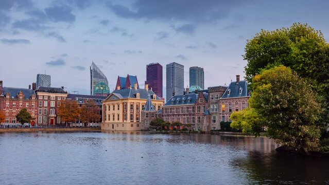 Day to Night Time Lapse from Den Haag with clouds and Binnenhof at sunset, Zuid-Holland, The Netherlands