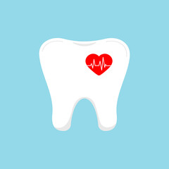 Tooth with heart beat dental icon isolated on blue background. Clean strong healthy tooth with heartbeat pulse vibration. Vector flat design human dentistry clip art illustration.