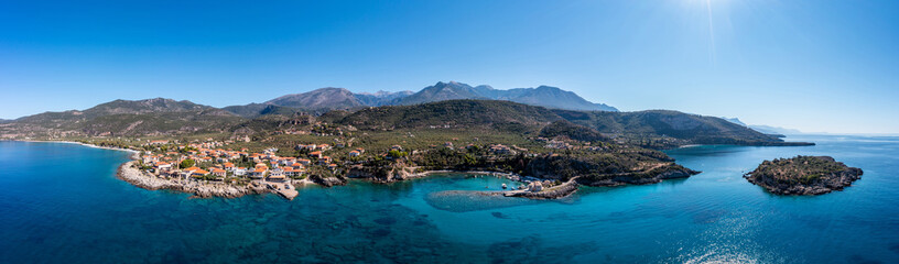 Greece, Kardamili town, Mani aerial panorama. Stone building and nature. Blue sky and sea