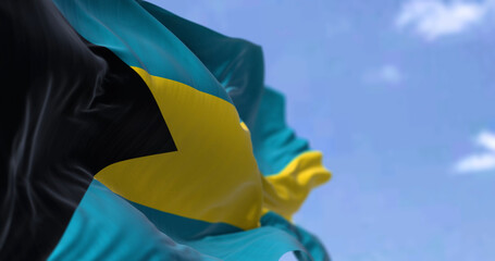 Detail of the national flag of the Bahamas waving in the wind on a clear day