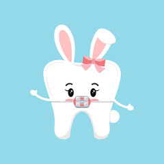 Easter tooth in braces icon isolated. Orthodontist dentistry tooth character in brackets with easter bunny ears costume. Flat design cartoon vector clip art dental kid illustration.