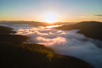Aerial view of bright foggy morning over dark mountain forest trees at autumn sunrise. Beautiful scenery of wild woodland at dawn
