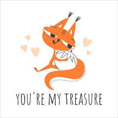 Squirrel in love with a nut. Vector cute illustration isolated on white background for prints about love, for children's prints, postcards.