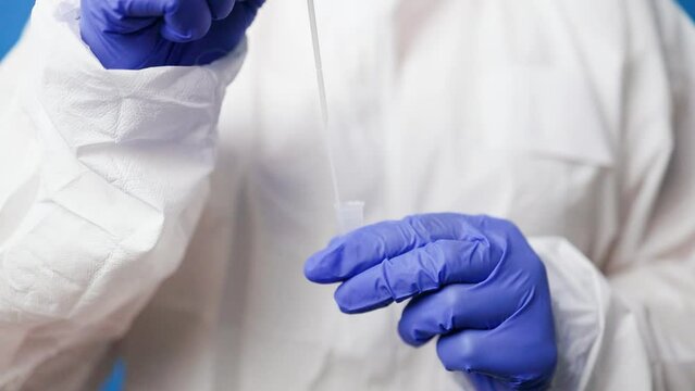 Coronavirus pcr test. Doctor in protective suit medical mask gloves holding Swab saliva sample for diagnostic covid 19 coronavirus virus on blue background