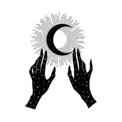 Hand Drawn Dark Witch Hands with Stars, Vector Set of Female Hands and Moon with Sunburst. Mystic Occult Silhouettes	