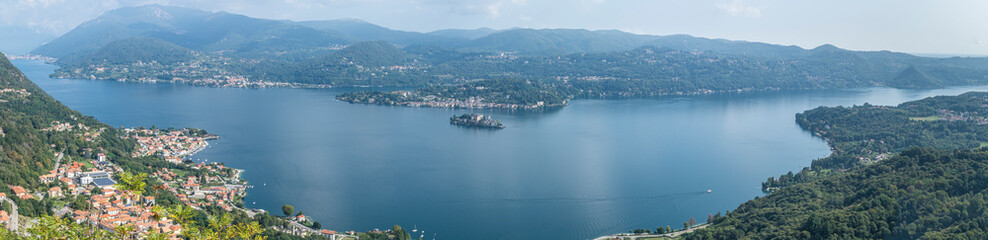 Extra wide aerial view of the Lake Orta with the Island of San Giulio