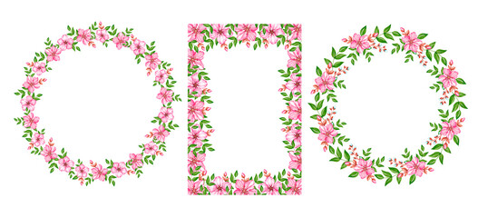 Watercolor cherry blossom wreaths on white background
