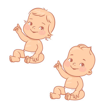 Cute little baby boy, girl in diaper sitting, 