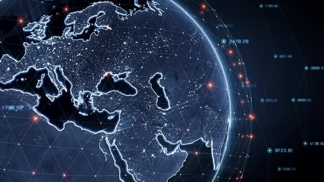 Digital grid connecting around the Earth. View from space of communicating satellites. Growing network covering the planet. Perfect to use for business, technology or IT background. Seamless loop. 4K