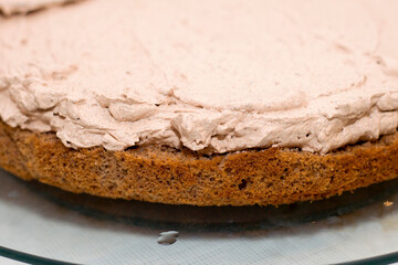 Working process of baking cake at home. Close up of chocolate biscuit sliced with cream. Culinary and delicious dessert concept.