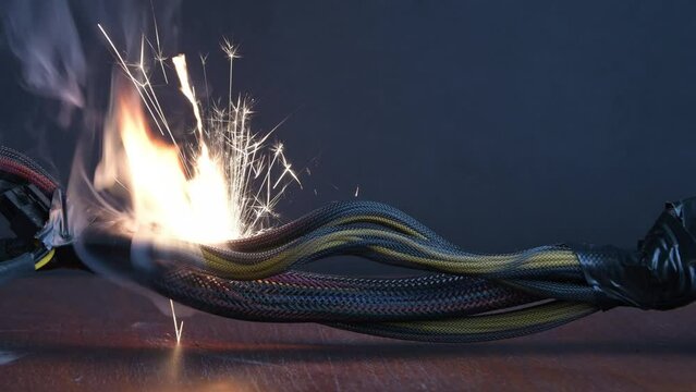 The wiring is burning and sparking on a dark background. A short circuit in the twisted wires from the computer. Flames, sparks and smoke 1.