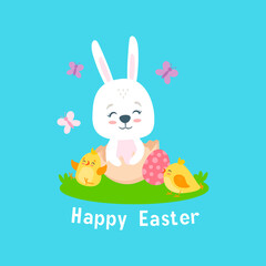 cute cartoon easter bunny with easter eggs and chickens