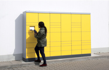 Automated Post package station with woman at the control screen holding mobile phone