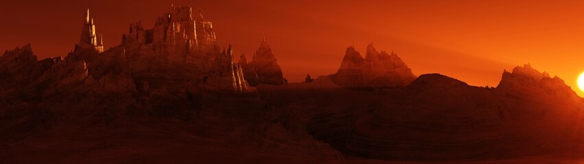 Martian landscape, sunset on Mars, Mars at sunrise, panorama of Mars, the face of Mars, 3D rendering