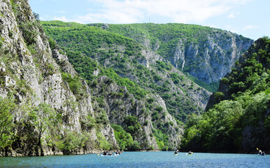 View of a beautiful tourist attraction in North Macedonia, a lake in the Matka Canyon near the city...