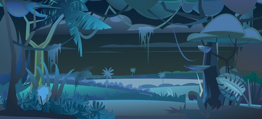 Jungle plants. Flora night landscape. Dense thickets. View from the Tropical Dark forest panorama. Southern Rural Scenery. Illustration in cartoon style flat design. Vector