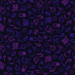 Seamless pattern. Vector pattern is a set of objects and symbols on the theme of 1900-2000: headphones, cassette, smiley face, hamburger, glasses, phone, gum, cap, chupa chups.