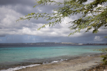 Coral beach with turquoise sea in stormy weather.