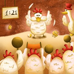Character design of rural animals. funny chickens in the chicken coop at night