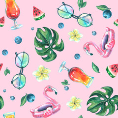 watercolor pattern beach bar cocktail tropics paradise vacation party juicy bright summer fruits textiles fabrics wallpaper paper ornament pattern print