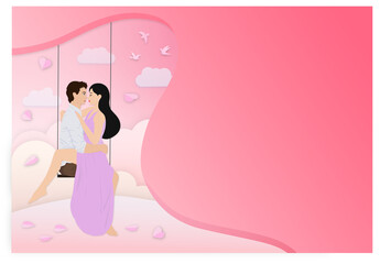 Illustration of Love and Valentine day. Cute young couple sitting on a swing under a tree. Pop up card, paper art style, vector illustration.