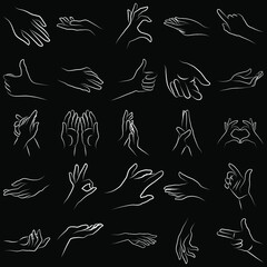 Set of miscellaneous women hands gestures simple outline minimalistic linear style. Vector Illustration of female hands for create logos, prints and other designs on black background