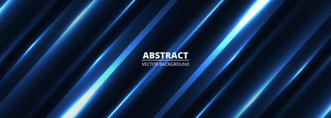 Vector dark blue abstract modern wide banner with light blue shiny diagonal lines glowing abstract horizontal design background. Vector illustration