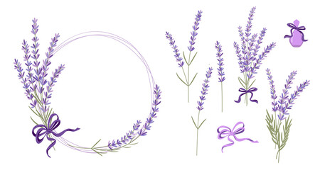Vector illustration set of lavender flowers, bouquet, wreath and elements of design for greeting card on white background in retro flat style, provence concept. © is1003