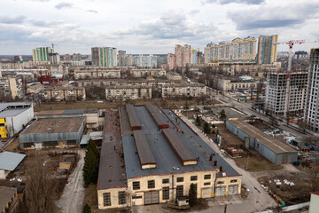 The old building of an industrial plant in Kiev. Aerial drone view.