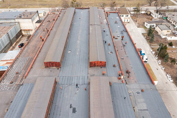 Obraz premium The roof of the old industrial plant building in Kiev. Aerial drone view.