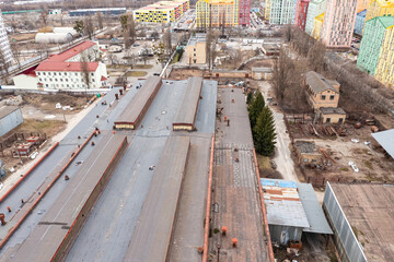 The roof of the old industrial plant building in Kiev. Aerial drone view.