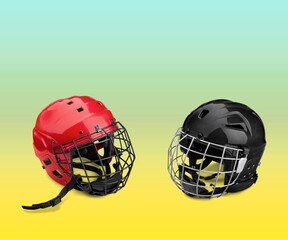 Helmets for the opponents in the Championship game concept. - obrazy, fototapety, plakaty