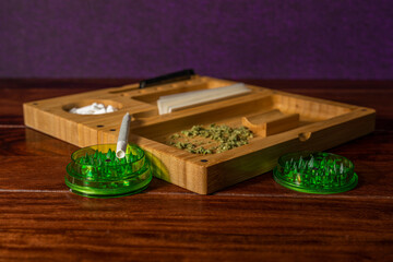Magnetic Bamboo Rolling Tray with marijuana weed and lighter
