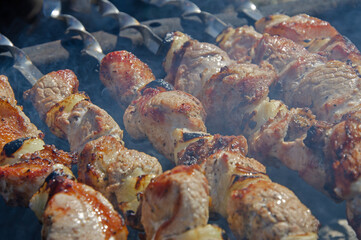 Meat and vegetables cooked on fire