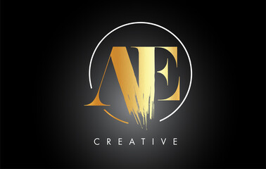 Golden AE Brush Stroke Letter Logo Design. Black Paint Logo Leters Icon.