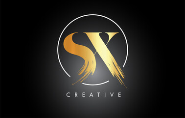 Golden SX Brush Stroke Letter Logo Design. Black Paint Logo Leters Icon.