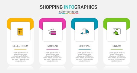Concept of shopping process with 4 successive steps. Four colorful graphic elements. Timeline design for brochure, presentation, web site. Infographic design layout.
