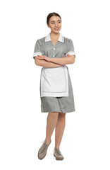 Full length portrait of young chambermaid in tidy uniform on white background - obrazy, fototapety, plakaty