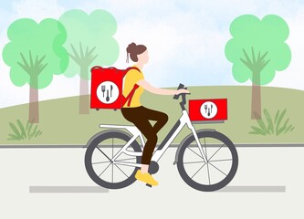 woman riding a bike, delivery Service, food delivery, food