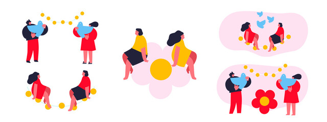 Vector illustration with young man, woman holding huge Flower. Flower lover concept.