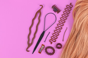 Set of hair styling tools like bun maker, braid tool, ponytail style maker, hair clip, rubber bands...
